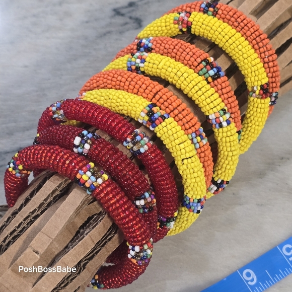 Set of 9 Handmade Maasai-Style Seed Bead Bangle Bracelets – Red, Yellow, Orange - Picture 7 of 11
